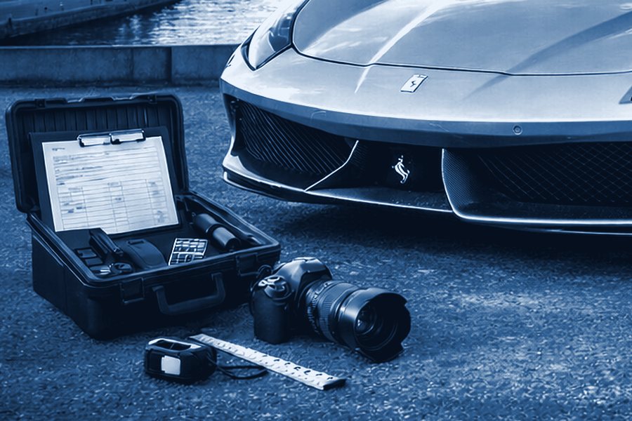 Measuring case, camera and tape measure in front of a sports car – valuation report