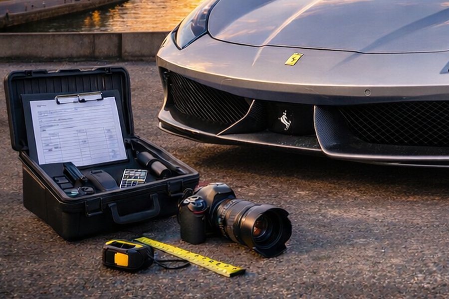 Measuring case, camera and tape measure in front of a sports car